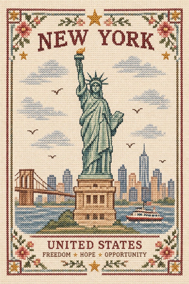 Vintage Cross-Stitch City Embroidery