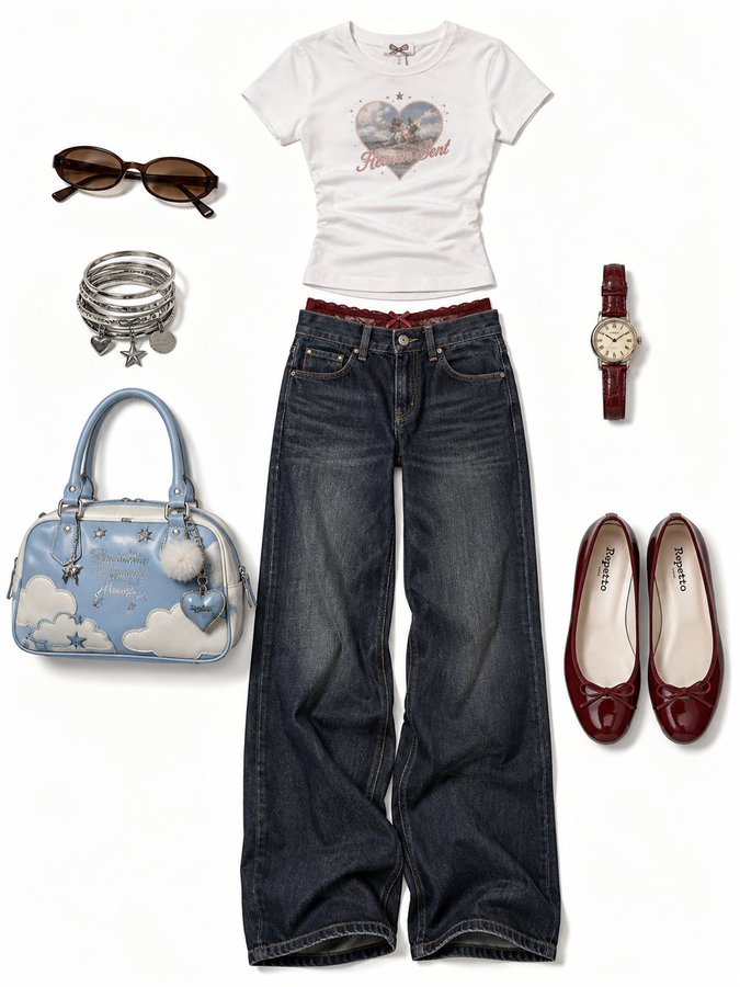 Y2K Fashion Flat-Lay Outfit Collage