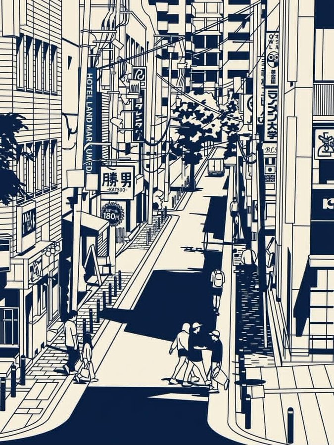 Japanese Urban Monochrome Line Illustrations — Street & Station
