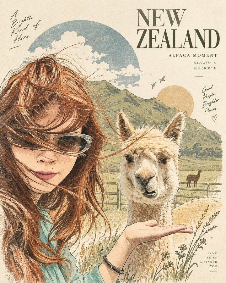 New Zealand Alpaca — Vintage Travel Editorial Poster