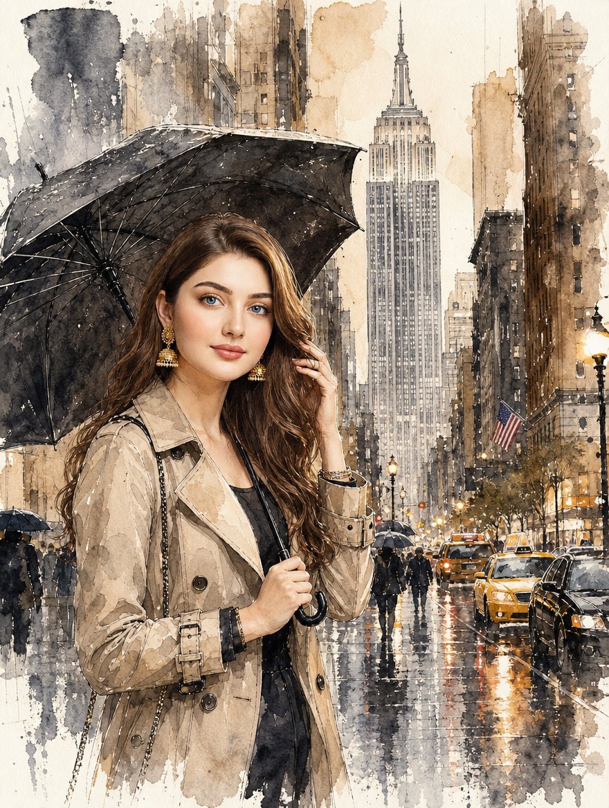 New York Rainy Day — Female Character Watercolor Portrait