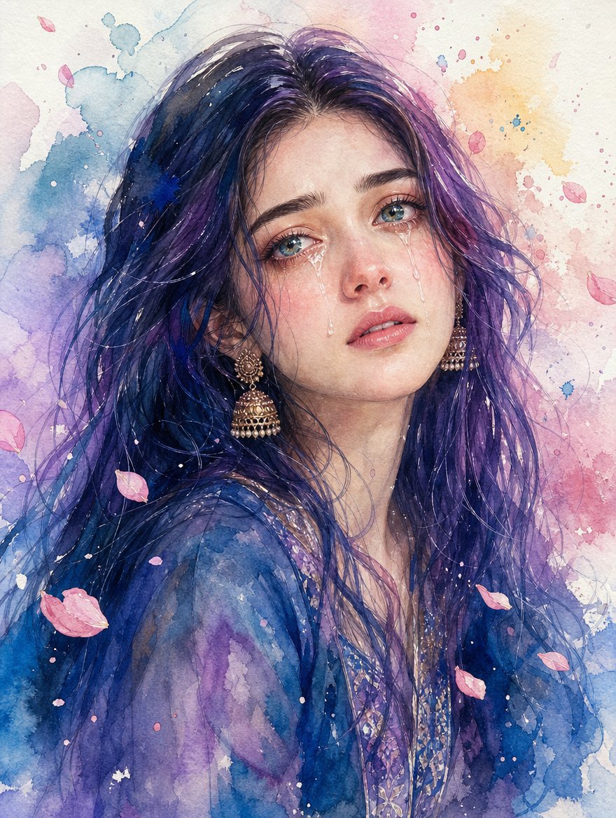 Tearful Bloom — Emotional Watercolor Portrait