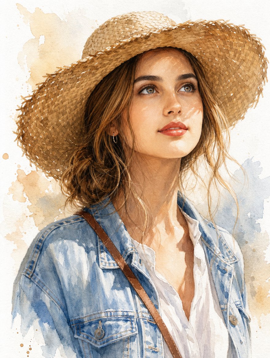 Golden Brim — Watercolor Summer Portrait