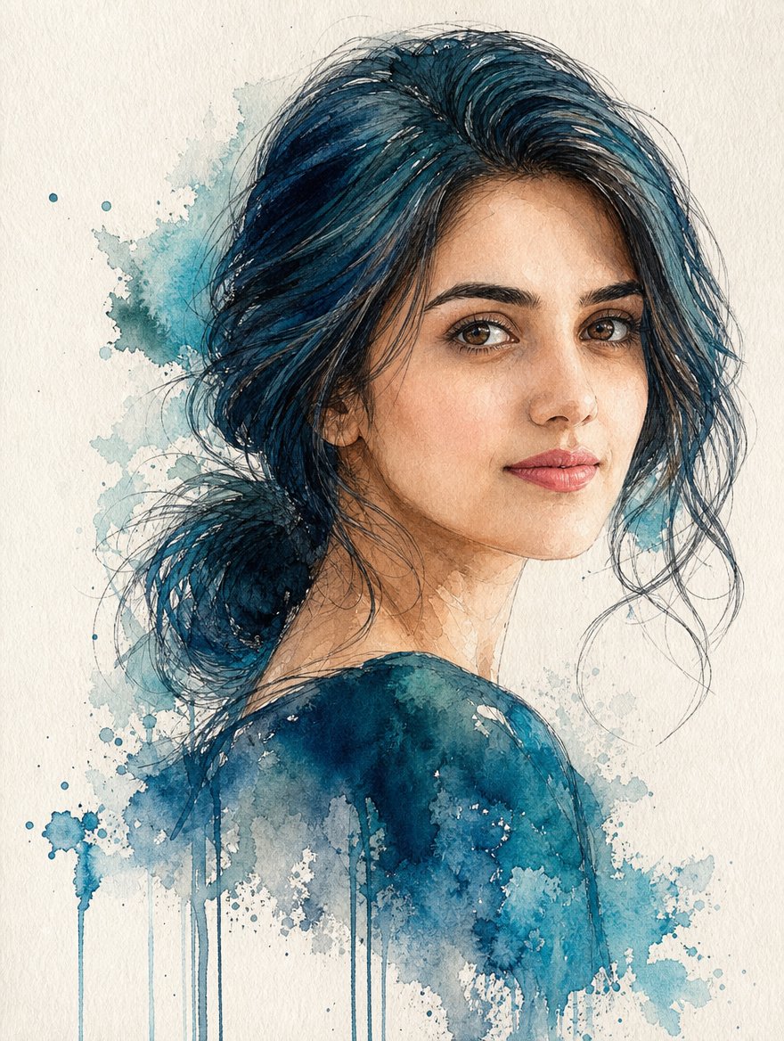 Midnight Teal — Watercolor Side-Profile Portrait