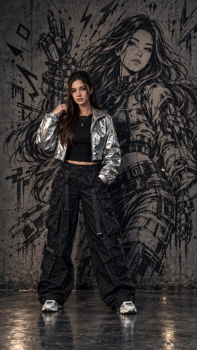 Cyberpunk Wall Portrait — Real Girl & Sci-Fi Sketch