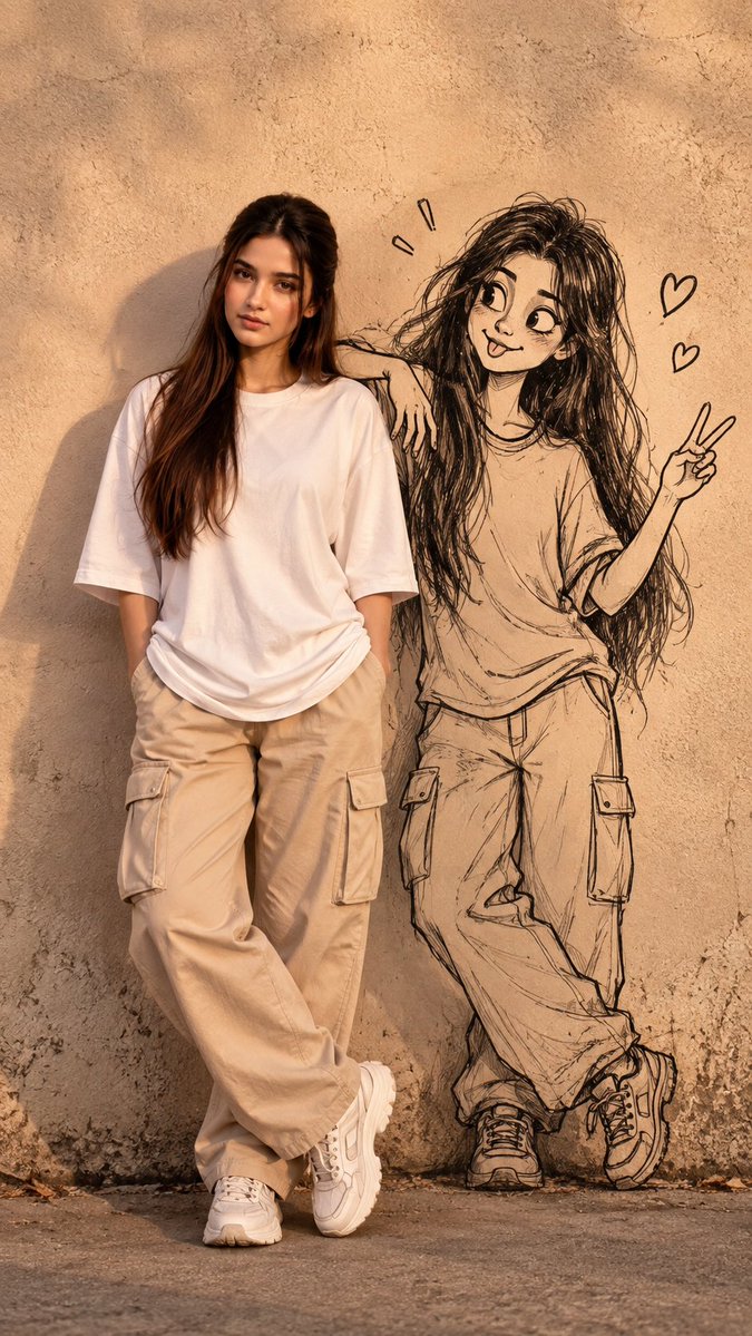Cartoon Wall Portrait — Real Girl & Sketch Twin